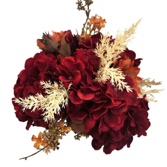 Artificial Fall Floral Bouquet Burgundy Hydrangeas & Orange Sunflowers | Rustic - Picture 11 of 15